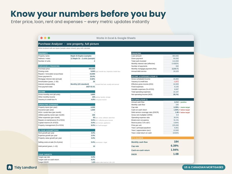Rental Property Investment Analyzer Spreadsheet, Cash Flow & Cap Rate Calculator, Cash on Cash, DSCR, Mortgage Amortization, Excel Sheets image 2