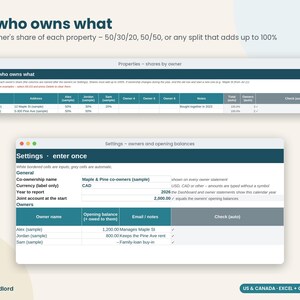 May include: A digital spreadsheet template titled Set who owns what, featuring two tables for property ownership shares and owner settings. The interface displays columns for property addresses, owner names, percentages, and opening balances in CAD.