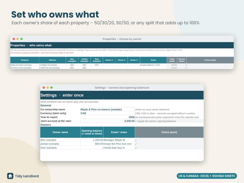 May include: A digital spreadsheet template titled Set who owns what, featuring two tables for property ownership shares and owner settings. The interface displays columns for property addresses, owner names, percentages, and opening balances in CAD.