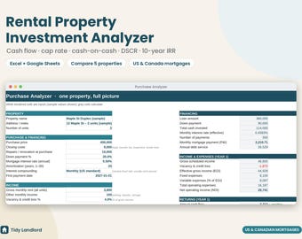 Rental Property Investment Analyzer Spreadsheet, Cash Flow & Cap Rate Calculator, Cash on Cash, DSCR, Mortgage Amortization, Excel Sheets
