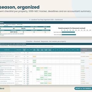 May include: A digital tax preparation organizer dashboard and checklist for landlords. The interface displays a Tax Prep Dashboard with document tracking metrics and a detailed spreadsheet view for managing tax return documents per property.