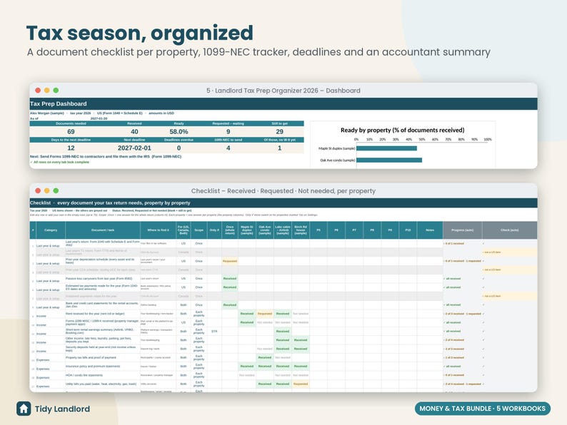 May include: A digital tax preparation organizer dashboard and checklist for landlords. The interface displays a Tax Prep Dashboard with document tracking metrics and a detailed spreadsheet view for managing tax return documents per property.
