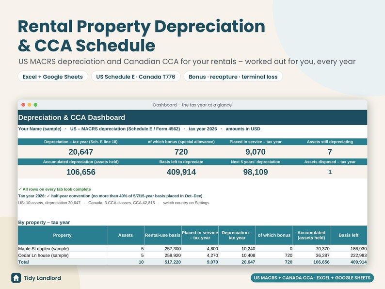 Rental Property Depreciation Schedule, MACRS & CCA Calculator, Landlord Tax Spreadsheet, Schedule E, T776, Excel Google Sheets image 1