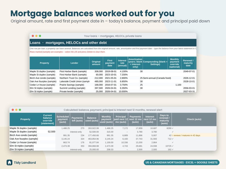 Rental Property Portfolio Tracker Spreadsheet, Real Estate Net Worth & Equity Dashboard, Mortgage Balance, Cash Flow, Excel Google Sheets image 3