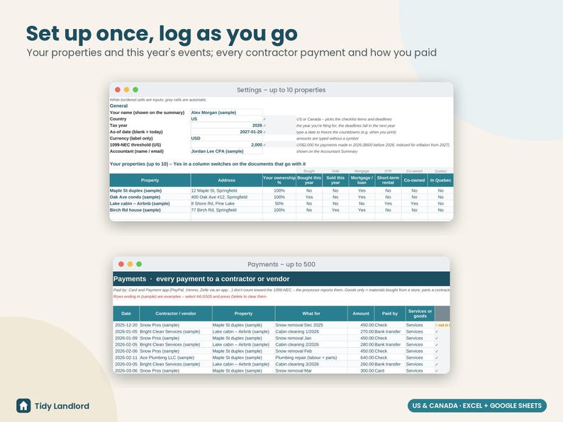 Landlord Tax Prep Organizer 2026: Rental Property Tax Checklist and 1099-NEC Tracker, Excel Google Sheets image 7