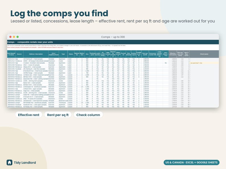 Rent Comps Spreadsheet, Market Rent Analysis for Landlords, Rent Increase Calculator, Rental Pricing Tool, Excel Google Sheets immagine 6