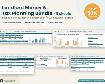 Landlord Money and Tax Bundle, Tax Prep Organizer, Rental Budget Planner, CapEx Reserve, Depreciation CCA, Net Worth, Excel Google Sheets