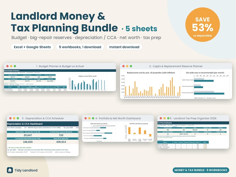 May include: A digital Landlord Money & Tax Planning Bundle featuring 5 sheets for Excel and Google Sheets. Includes a budget planner, CapEx reserve planner, depreciation schedule, portfolio net worth dashboard, and a tax prep organizer.