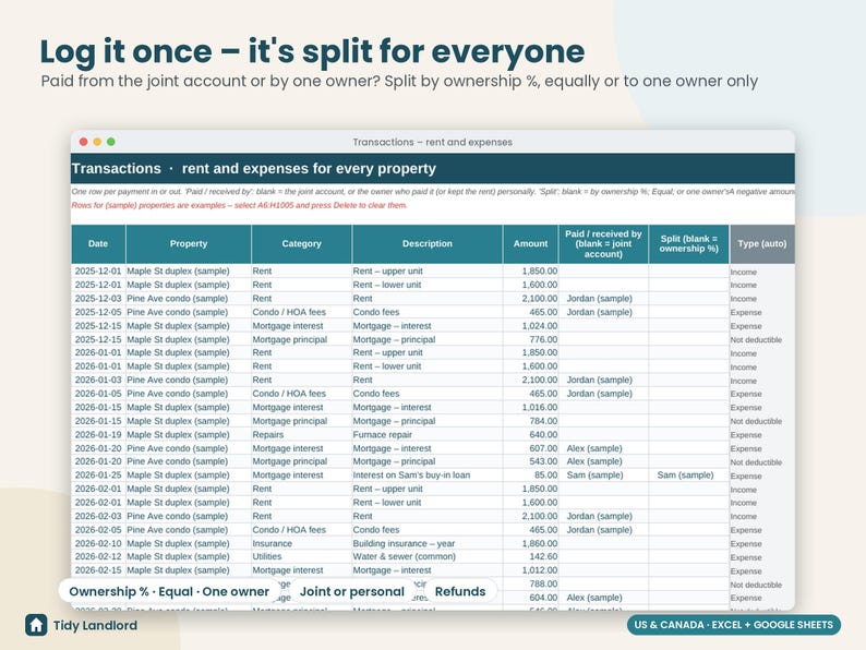 May include: A digital spreadsheet titled Transactions - rent and expenses for every property, featuring columns for date, property, category, description, amount, paid by, split, and type. The header reads Log it once &ndash; it's split for everyone.