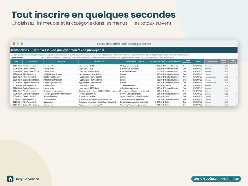 Comptabilité immeubles locatifs Québec, T776 & TP-128, tableur propriétaire, omzet en locatieafhankelijkheden, Excel, Google Spreadsheets afbeelding 3