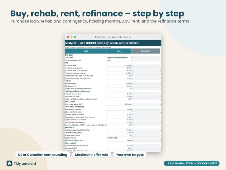 BRRRR Calculator, BRRRR Method Deal Analyzer Spreadsheet, Cash Out Refinance Calculator, Rental Property ARV, Excel Google Sheets image 6