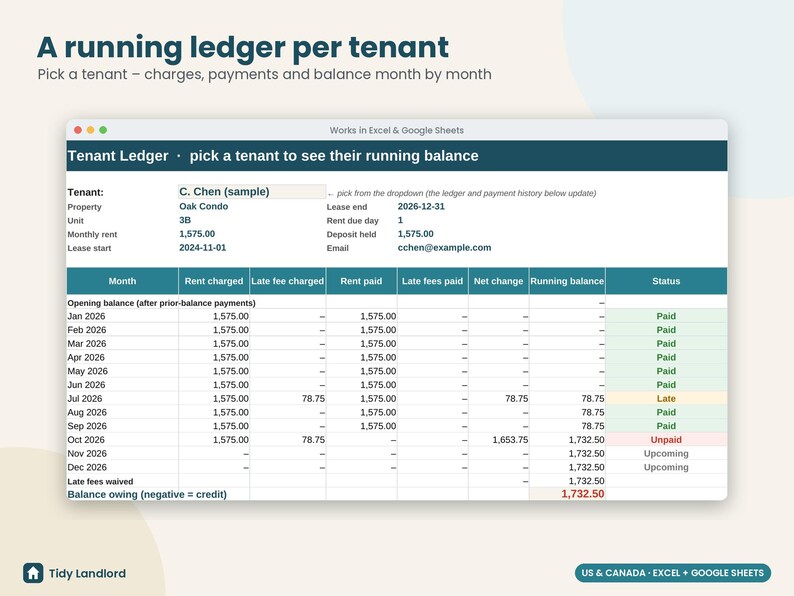 May include: A digital tenant ledger spreadsheet template for Excel and Google Sheets. The interface displays a running balance for a tenant named C. Chen, including columns for rent charged, late fees, payments, and status indicators for each month.