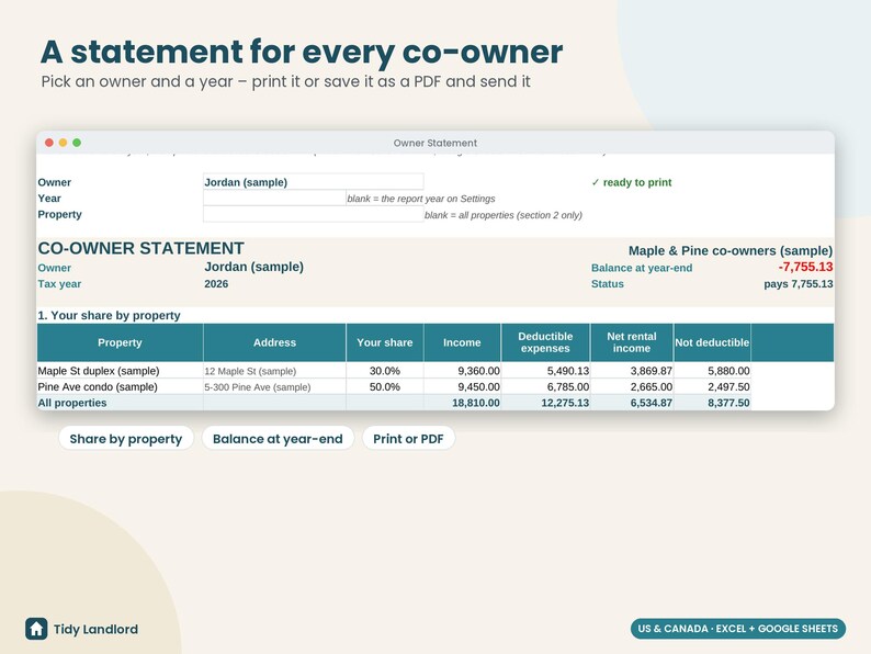 May include: A digital interface titled A statement for every co-owner displaying an Owner Statement report. The document includes fields for owner, year, and property, with a table detailing share by property, income, and expenses.