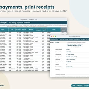 May include: A digital spreadsheet template for tracking payments and printing receipts. The interface displays a Payments and Receipts log with columns for date, tenant, amount, and method, alongside a printable receipt form for payment records.