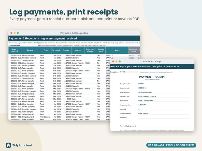 May include: A digital spreadsheet template for tracking payments and printing receipts. The interface displays a Payments and Receipts log with columns for date, tenant, amount, and method, alongside a printable receipt form for payment records.