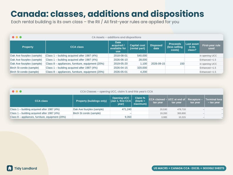 Rental Property Depreciation Schedule, MACRS & CCA Calculator, Landlord Tax Spreadsheet, Schedule E, T776, Excel Google Sheets image 5