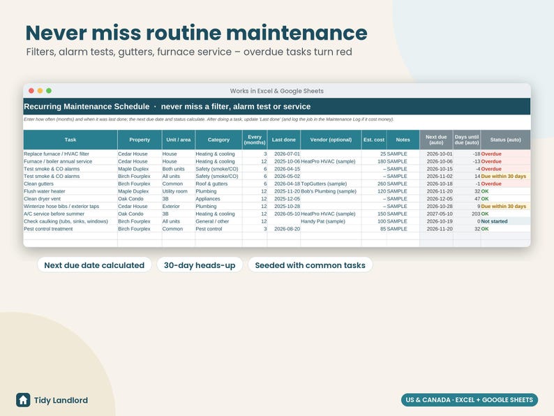 Landlord Maintenance Log & Security Deposit Tracker, Move In Move Out Inspection Checklist, Repair Log, Vendor List, Excel Google Sheets image 4