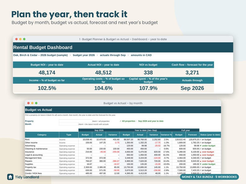 May include: A digital rental budget dashboard and budget vs actual spreadsheet template. The interface displays financial data including NOI, cash flow, and monthly expense categories like rent, insurance, and utilities for 2026.