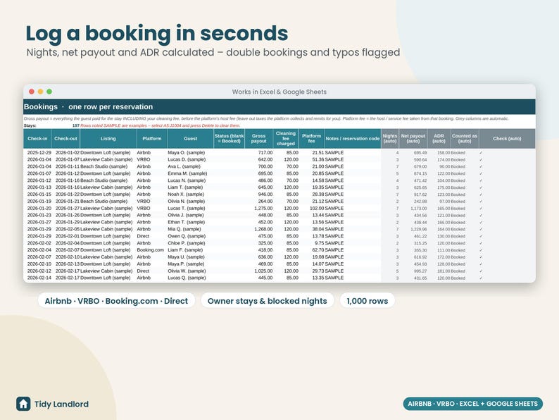 Airbnb Host Income and Expense Tracker Spreadsheet, VRBO Short-Term Rental Bookkeeping, Occupancy ADR RevPAR, Excel & Google Sheets image 3