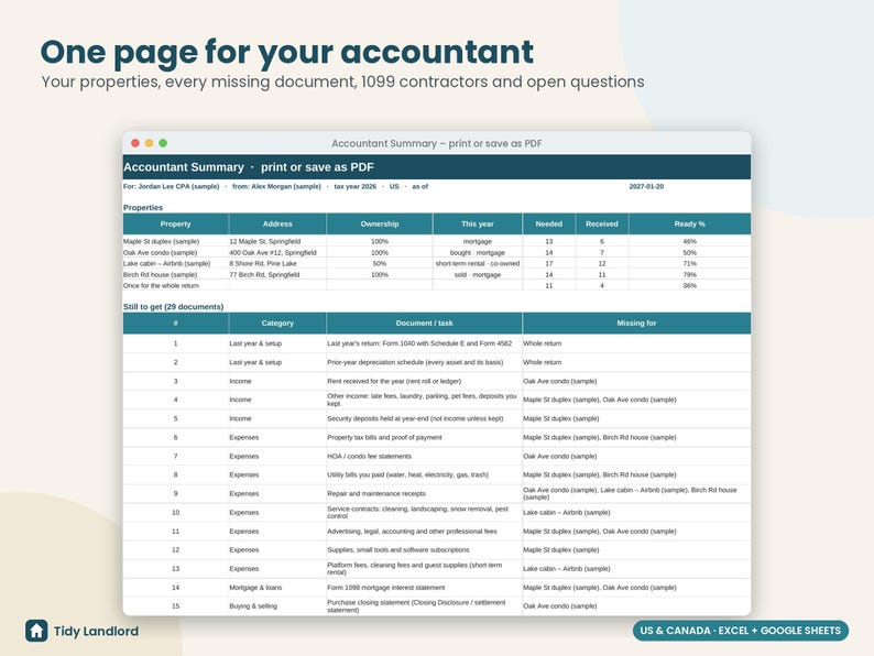 Landlord Tax Prep Organizer 2026: Rental Property Tax Checklist and 1099-NEC Tracker, Excel Google Sheets image 4
