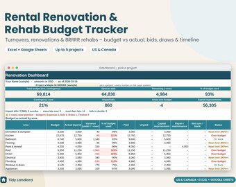 Rental Renovation Budget Tracker Spreadsheet, BRRRR Rehab & Turnover Cost Planner, Contractor Bids, Draw Schedule, Excel Google Sheets