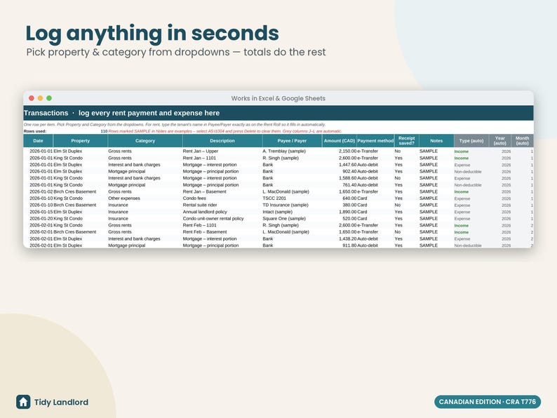 Canadian Rental Property Spreadsheet, CRA T776 Landlord Income & Expense Tracker, Rent Roll, CAD, Excel and Google Sheets, 10 Properties immagine 3