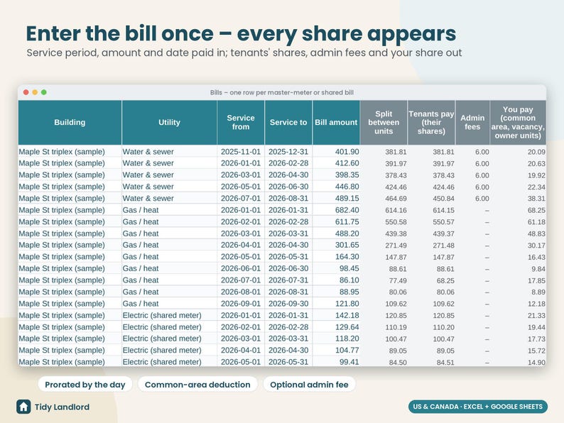 Utility Bill Split Calculator, RUBS Landlord Spreadsheet, Tenant Utility Billing, Shared Meter, Rental Property, Excel Google Sheets image 3