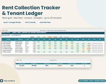 Rent Collection Tracker Spreadsheet, Tenant Ledger, Late Fee Calculator & Arrears, Rent Receipts, Landlord Excel Google Sheets, US Canada