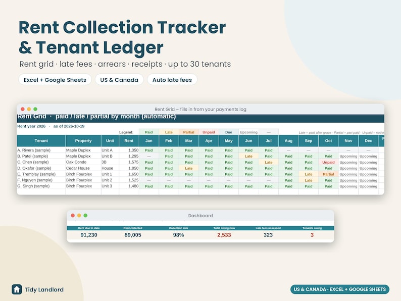 May include: A digital rent collection tracker and tenant ledger spreadsheet template for Excel and Google Sheets. The interface displays a rent grid with columns for tenant names, property units, and monthly payment statuses, plus a dashboard summary.