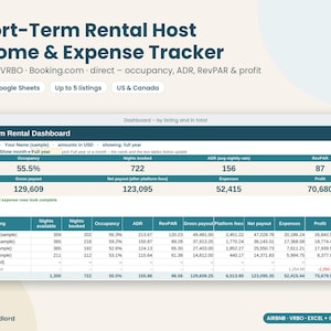 Airbnb Host Income and Expense Tracker Spreadsheet, VRBO Short-Term Rental Bookkeeping, Occupancy ADR RevPAR, Excel & Google Sheets image 1