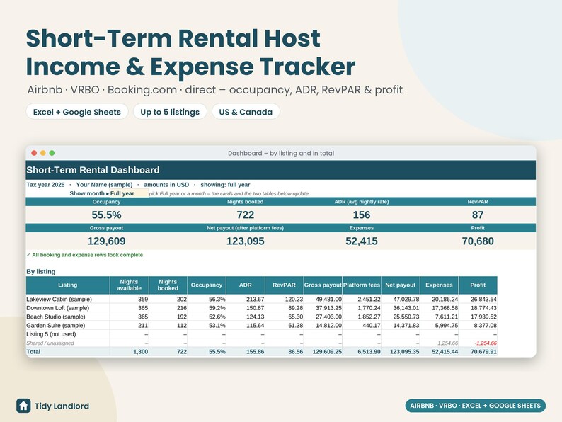 Airbnb Host Income and Expense Tracker Spreadsheet, VRBO Short-Term Rental Bookkeeping, Occupancy ADR RevPAR, Excel & Google Sheets image 1