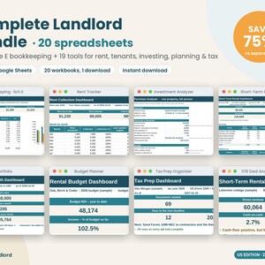 Complete Landlord Bundle, 20 Rental Property Spreadsheets, Schedule E Bookkeeping, Rent Tracker, Budget, Depreciation, Excel Google Sheets