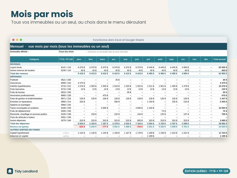 Comptabilité immeubles locatifs Québec, T776 & TP-128, tableur propriétaire, omzet en locatieafhankelijkheden, Excel, Google Spreadsheets afbeelding 6