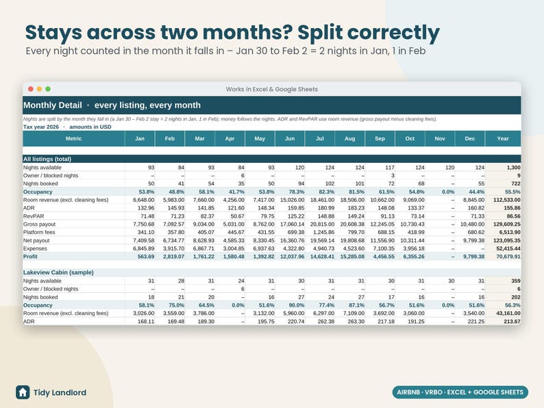 Airbnb Host Income and Expense Tracker Spreadsheet, VRBO Short-Term Rental Bookkeeping, Occupancy ADR RevPAR, Excel & Google Sheets image 4