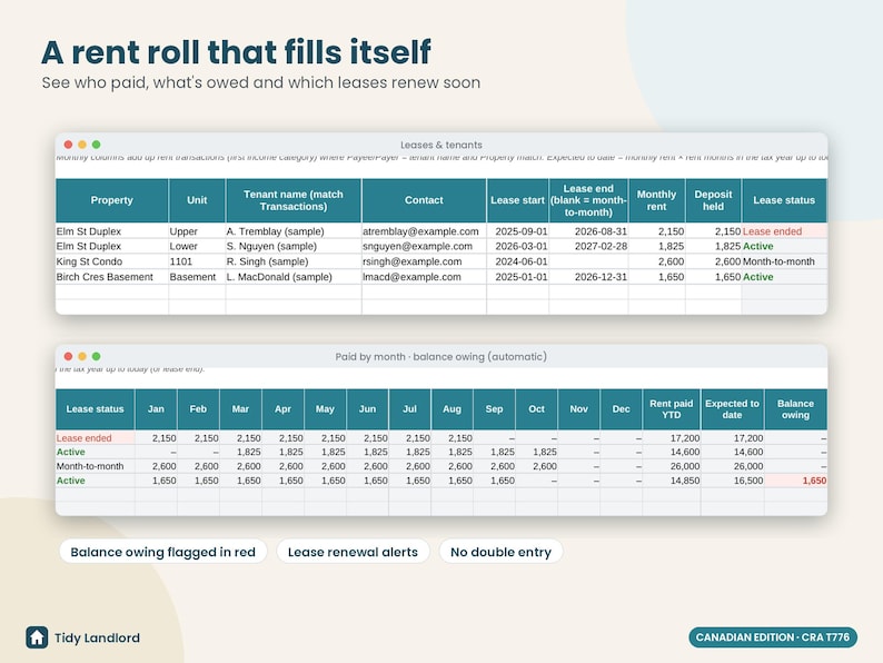Canadian Rental Property Spreadsheet, CRA T776 Landlord Income & Expense Tracker, Rent Roll, CAD, Excel and Google Sheets, 10 Properties immagine 5