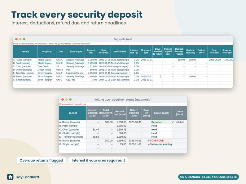 Landlord Maintenance Log & Security Deposit Tracker, Move In Move Out Inspection Checklist, Repair Log, Vendor List, Excel Google Sheets image 6