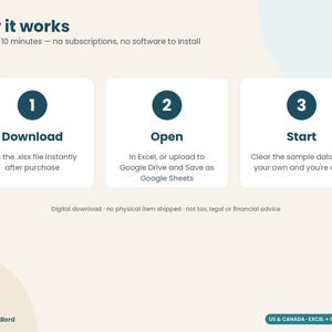 May include: An instructional graphic titled How it works, Ready in 10 minutes, no subscriptions, no software to install. Three steps are shown: 1 Download, 2 Open, 3 Start. Includes text about digital download and Tidy Landlord branding.