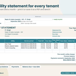 Utility Bill Split Calculator, RUBS Landlord Spreadsheet, Tenant Utility Billing, Shared Meter, Rental Property, Excel Google Sheets image 4