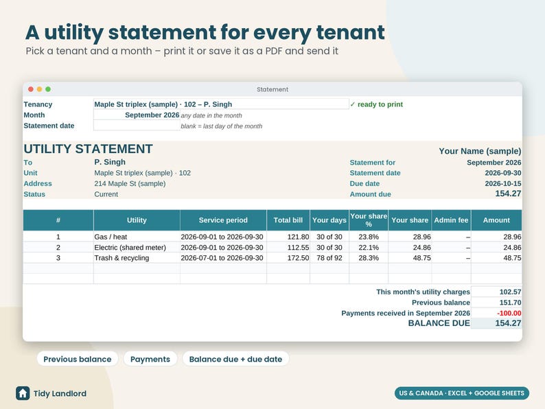 Utility Bill Split Calculator, RUBS Landlord Spreadsheet, Tenant Utility Billing, Shared Meter, Rental Property, Excel Google Sheets image 4