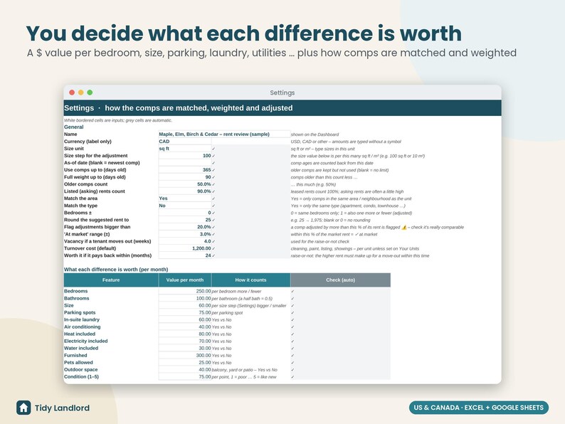 Rent Comps Spreadsheet, Market Rent Analysis for Landlords, Rent Increase Calculator, Rental Pricing Tool, Excel Google Sheets immagine 3
