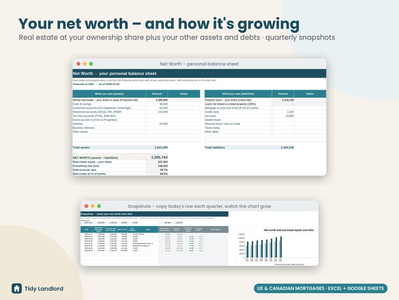 Rental Property Portfolio Tracker Spreadsheet, Real Estate Net Worth & Equity Dashboard, Mortgage Balance, Cash Flow, Excel Google Sheets image 6