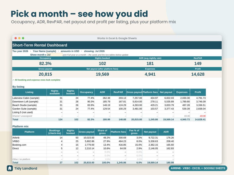 Airbnb Host Income and Expense Tracker Spreadsheet, VRBO Short-Term Rental Bookkeeping, Occupancy ADR RevPAR, Excel & Google Sheets image 2
