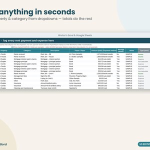 May include: A digital spreadsheet interface titled Log anything in seconds, designed for Excel and Google Sheets. The table displays columns for date, property, category, description, payee, amount in USD, payment method, and notes.