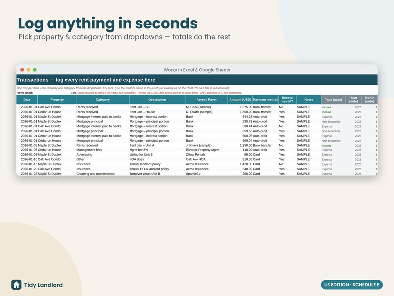 May include: A digital spreadsheet interface titled Log anything in seconds, designed for Excel and Google Sheets. The table displays columns for date, property, category, description, payee, amount in USD, payment method, and notes.