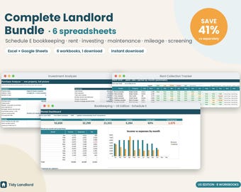 Komplettes Vermieterpaket, 6 Tabellenkalkulationen für Mietobjekte, Buchhaltung nach Anlage E, Mietverfolgung, Investitionsanalyse und mehr, Excel-Tabellen