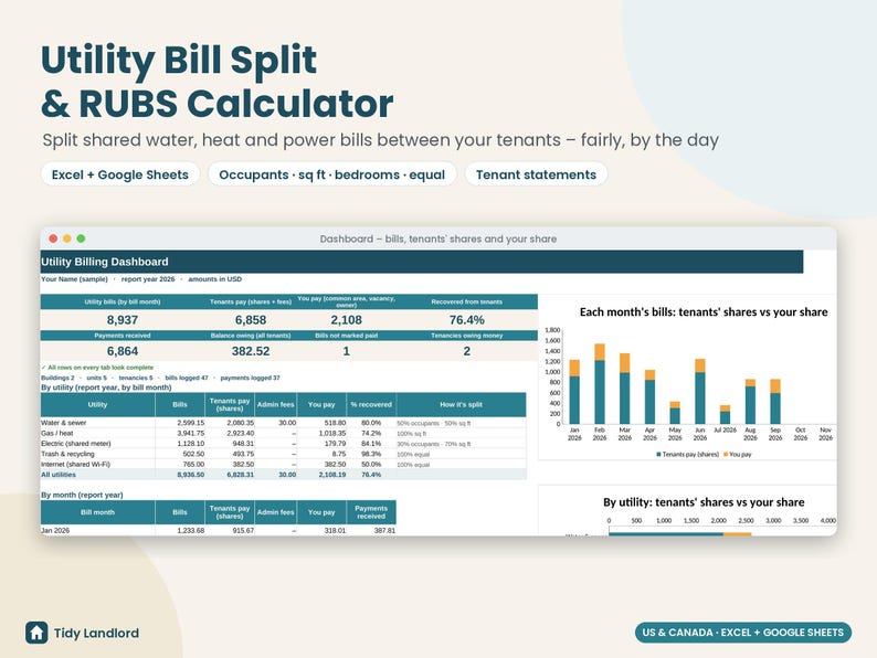 Utility Bill Split Calculator, RUBS Landlord Spreadsheet, Tenant Utility Billing, Shared Meter, Rental Property, Excel Google Sheets image 1