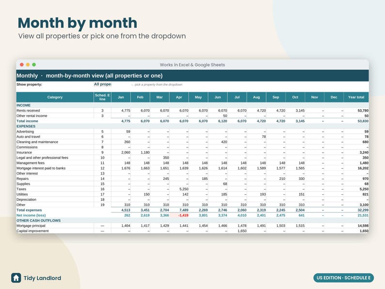 May include: A digital spreadsheet titled Month by month for tracking rental property finances. The table displays income, expenses, and net income categories across twelve months, compatible with Excel and Google Sheets software.