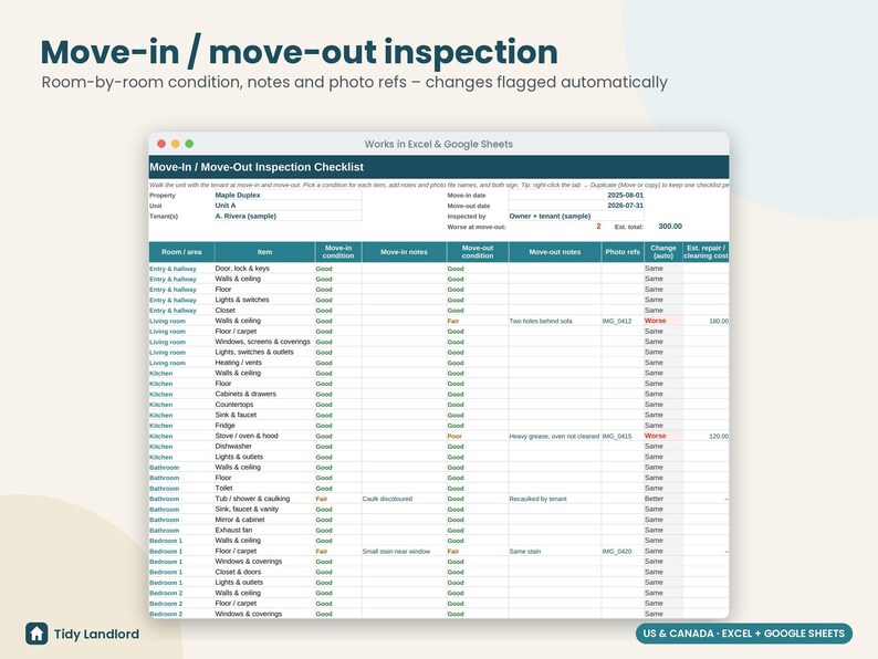 Landlord Maintenance Log & Security Deposit Tracker, Move In Move Out Inspection Checklist, Repair Log, Vendor List, Excel Google Sheets image 5