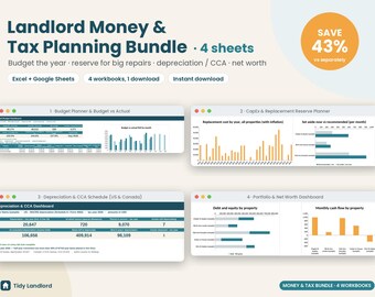 Landlord Money and Tax Bundle, Rental Budget Planner, CapEx Reserve, Depreciation CCA Schedule, Portfolio Net Worth, Excel Google Sheets