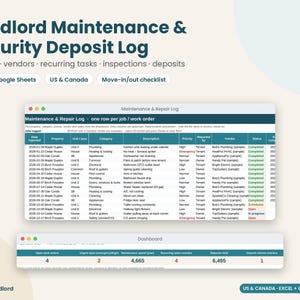 Landlord Maintenance Log & Security Deposit Tracker, Move In Move Out Inspection Checklist, Repair Log, Vendor List, Excel Google Sheets image 1